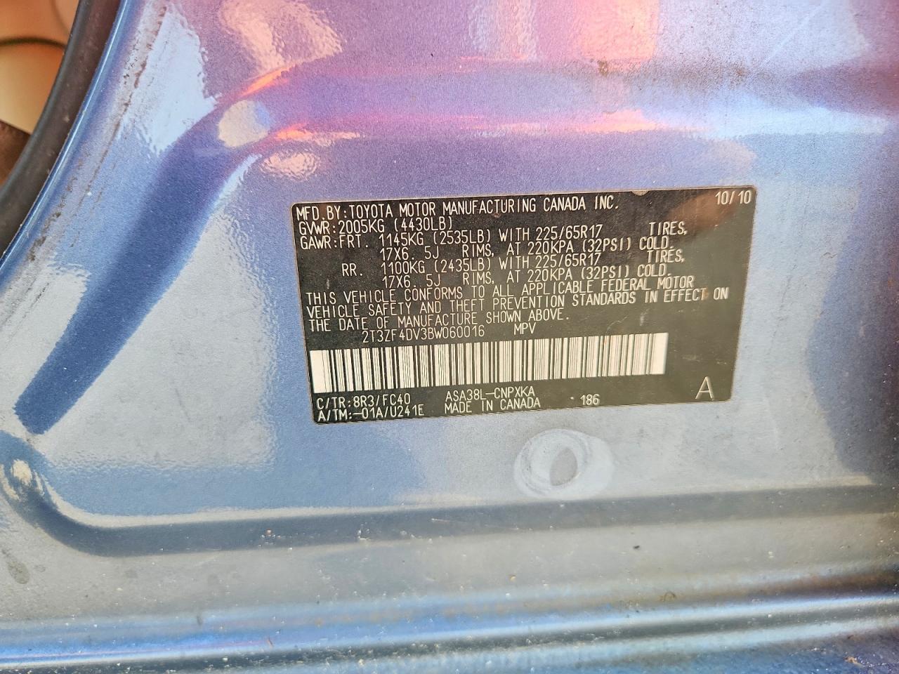2011 Toyota Rav4 Base Blue vin: 2T3ZF4DV3BW060016