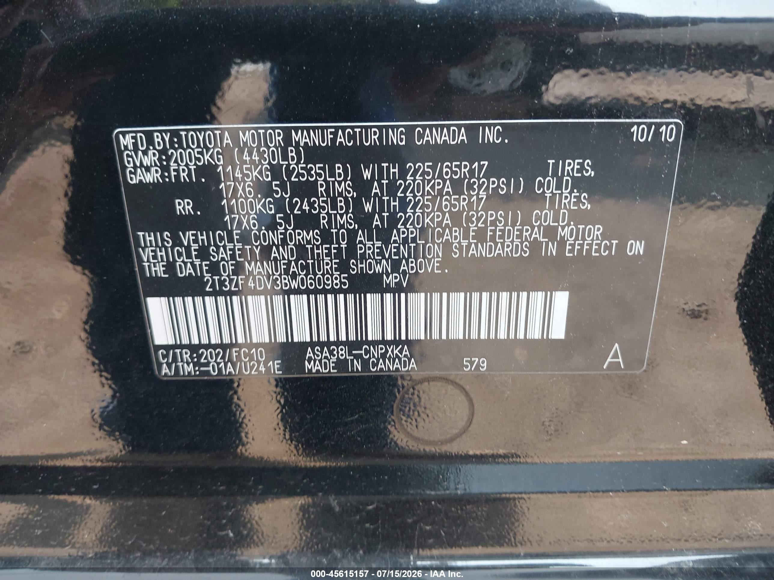 2011 Toyota Rav4   Black vin: 2T3ZF4DV3BW060985