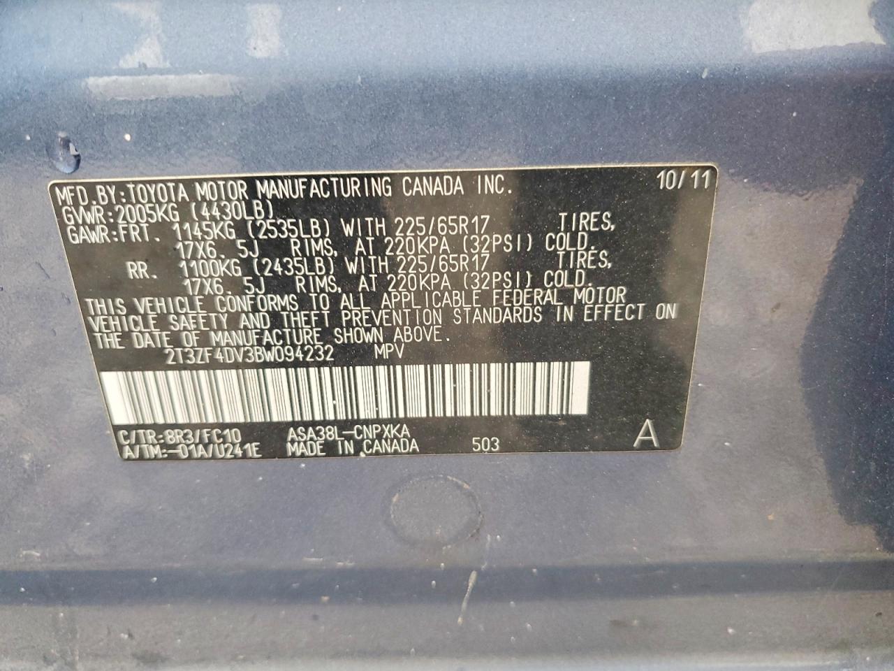 2011 Toyota Rav4 Base Blue vin: 2T3ZF4DV3BW094232