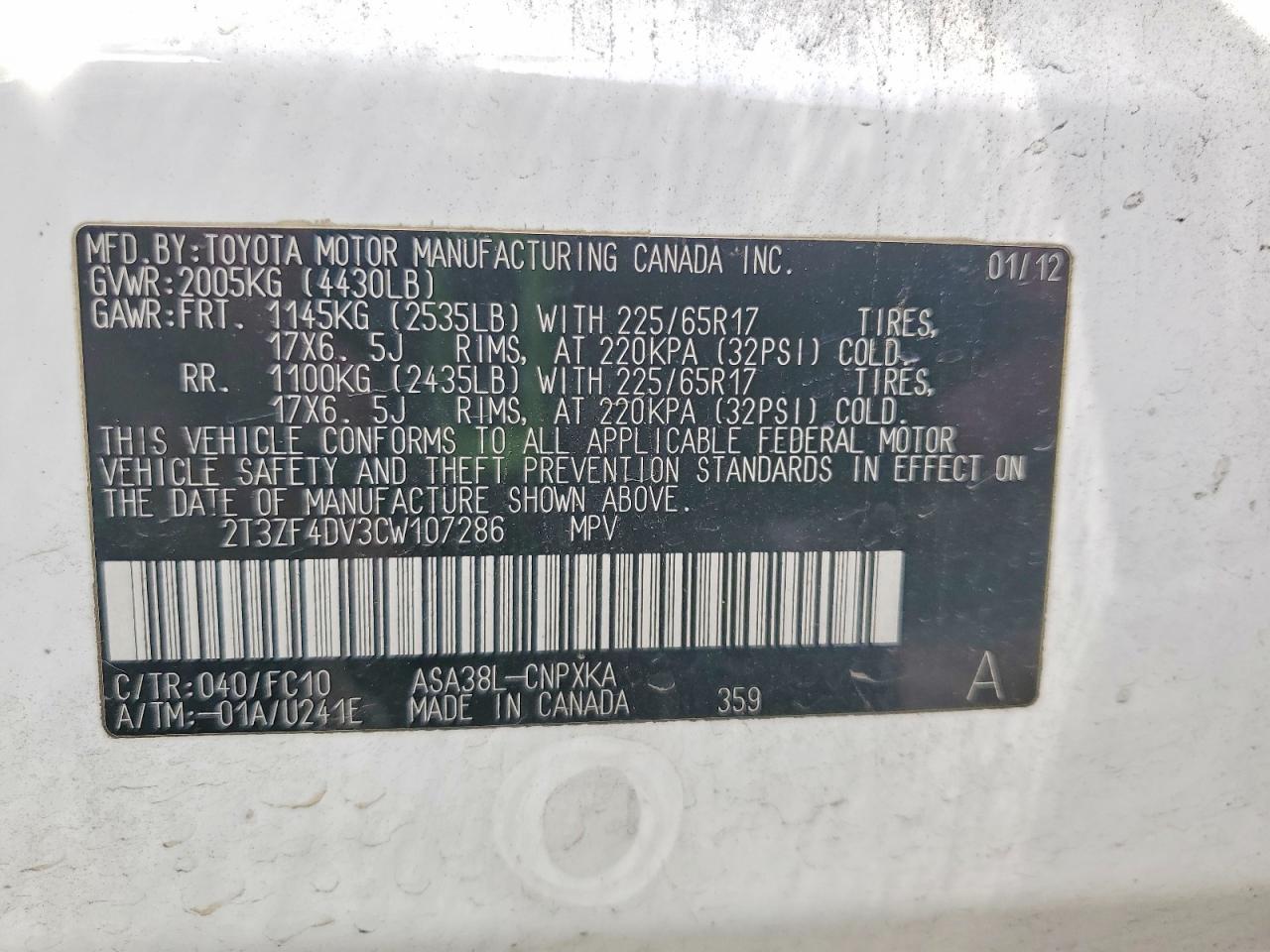 2012 Toyota Rav4 Base White vin: 2T3ZF4DV3CW107286