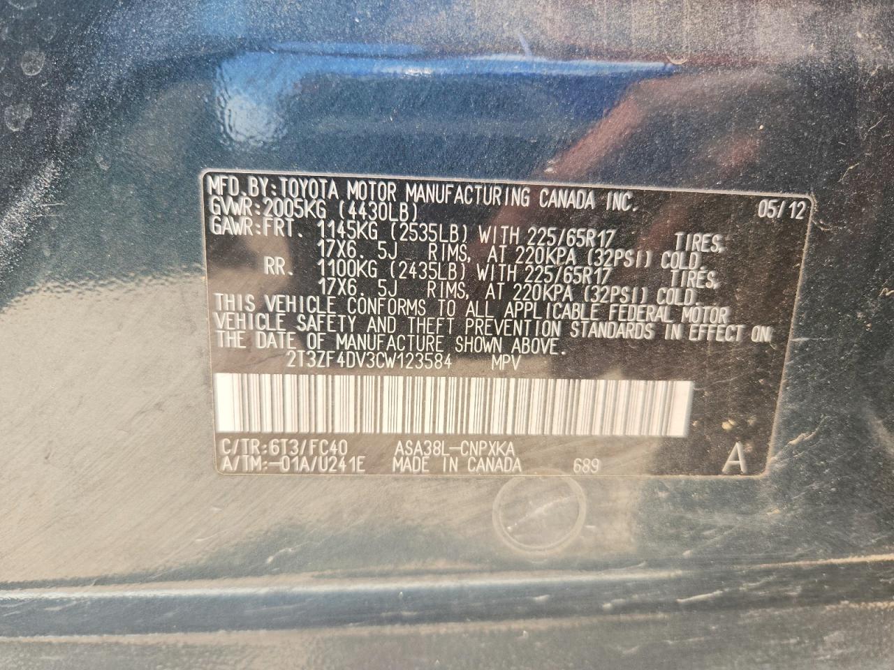 2012 Toyota Rav4 Base Black vin: 2T3ZF4DV3CW123584