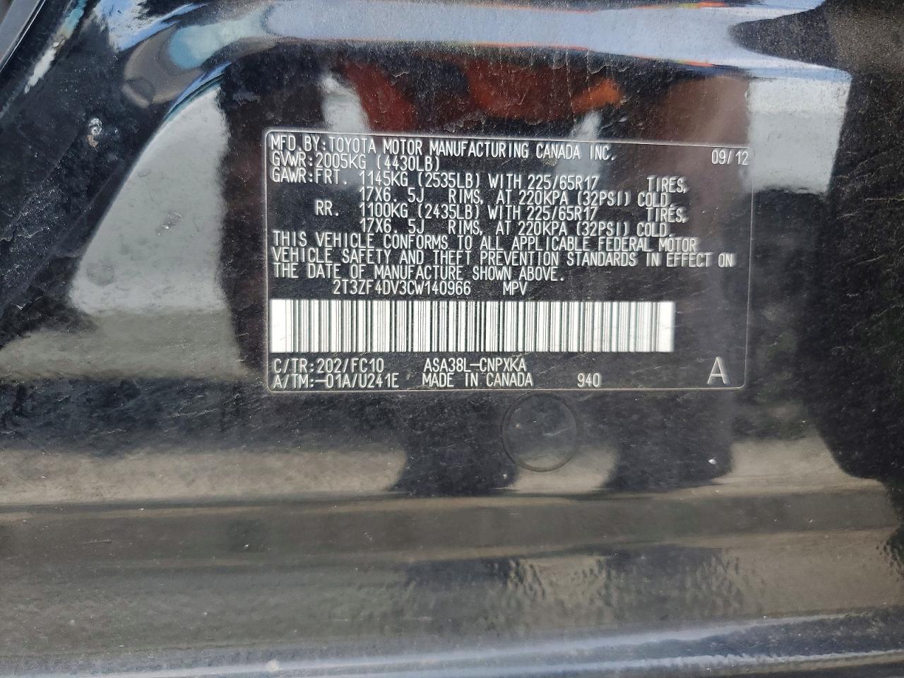 2012 Toyota Rav4 Base Black vin: 2T3ZF4DV3CW140966