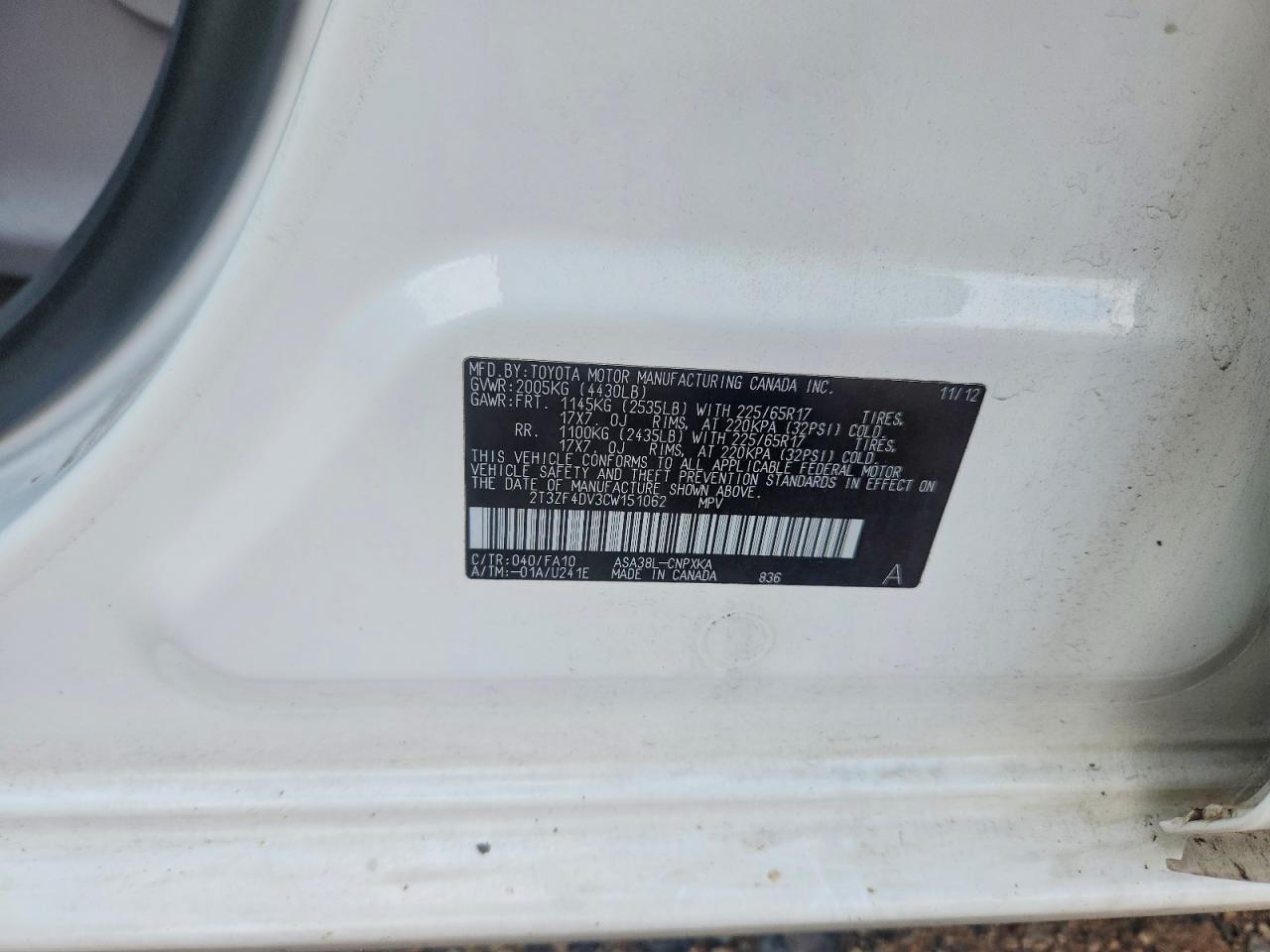 2012 Toyota Rav4 Base White vin: 2T3ZF4DV3CW151062