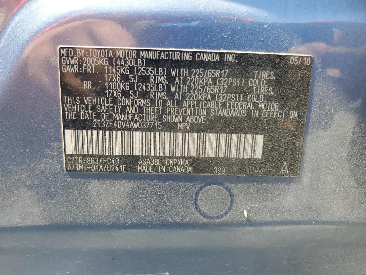 2010 Toyota Rav4 Base Blue vin: 2T3ZF4DV4AW037715