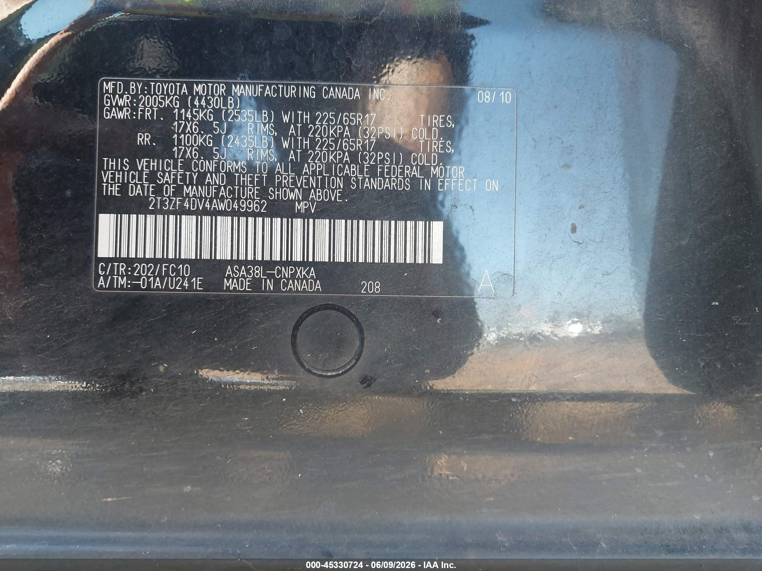 2010 Toyota Rav4   Black vin: 2T3ZF4DV4AW049962