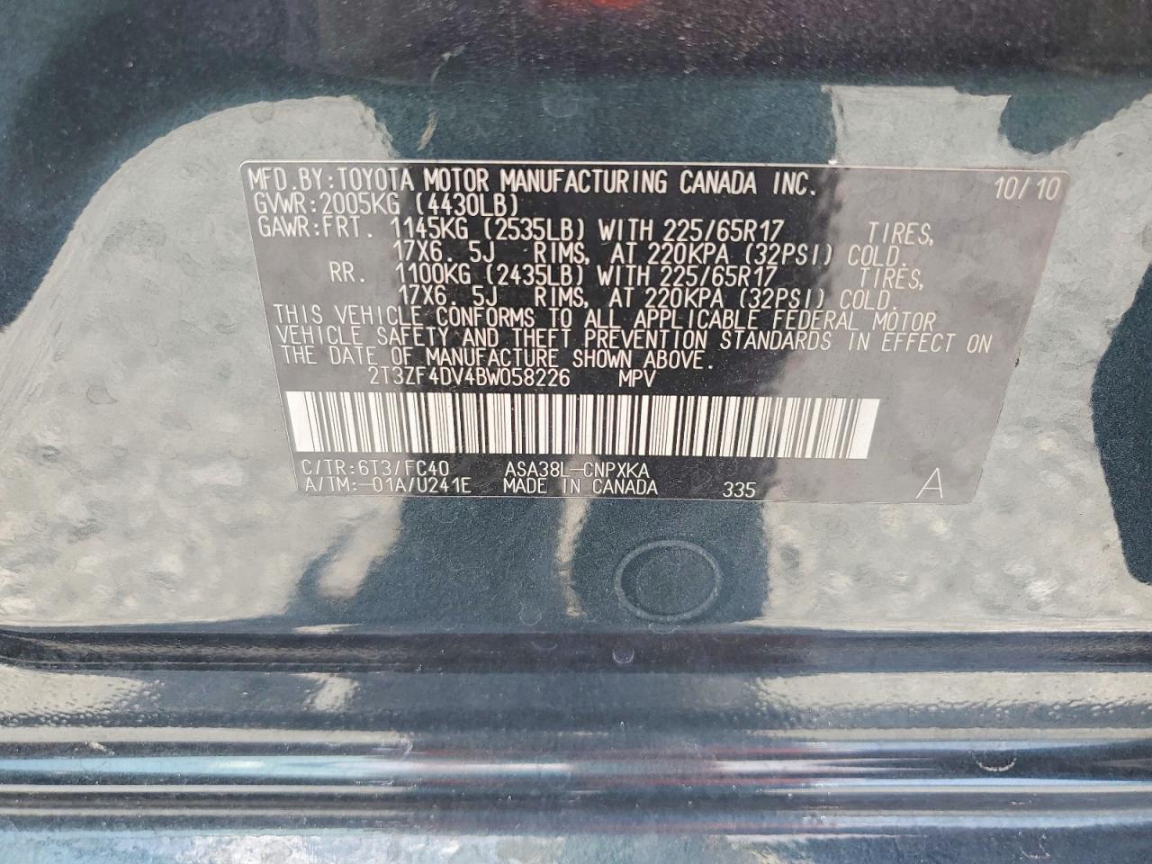 2011 Toyota Rav4 Base Green vin: 2T3ZF4DV4BW058226