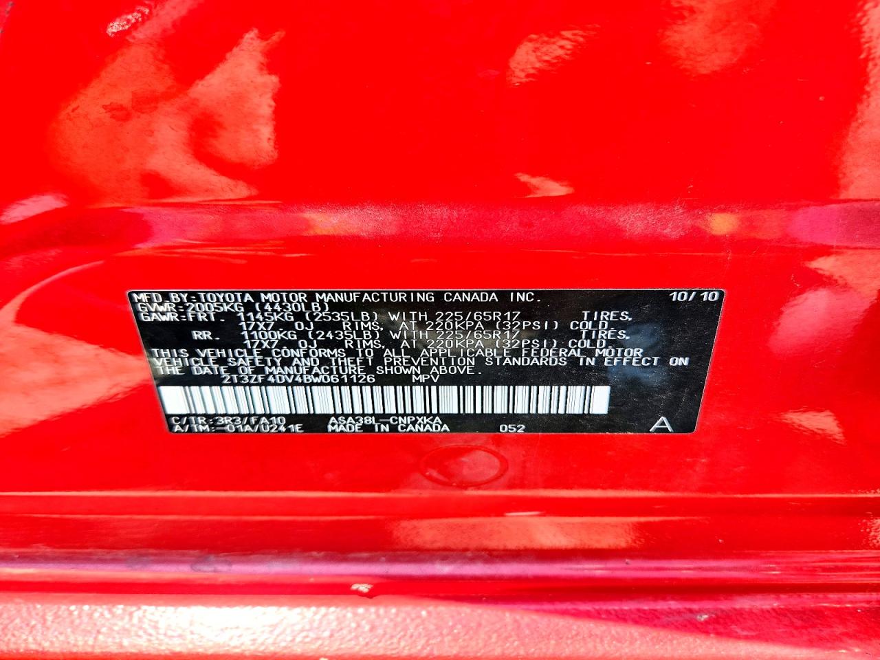 2011 Toyota Rav4 Base Red vin: 2T3ZF4DV4BW061126