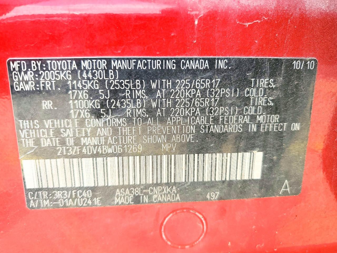 2011 Toyota Rav4 Base Red vin: 2T3ZF4DV4BW061269