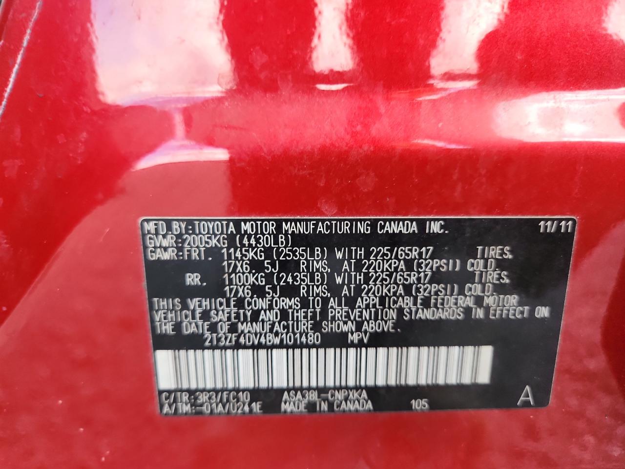 2011 Toyota Rav4 Base Red vin: 2T3ZF4DV4BW101480