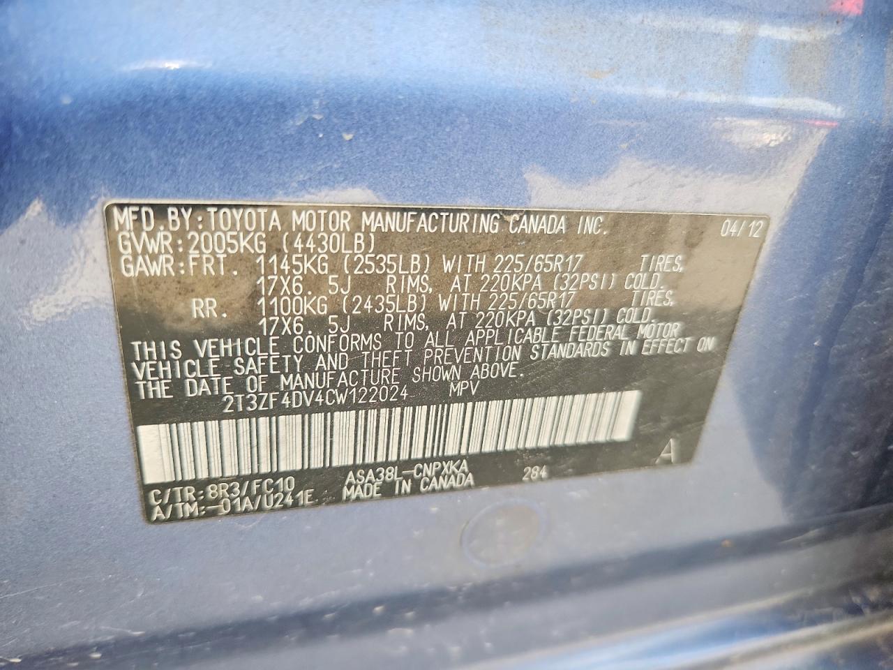 2012 Toyota Rav4 Base Blue vin: 2T3ZF4DV4CW122024