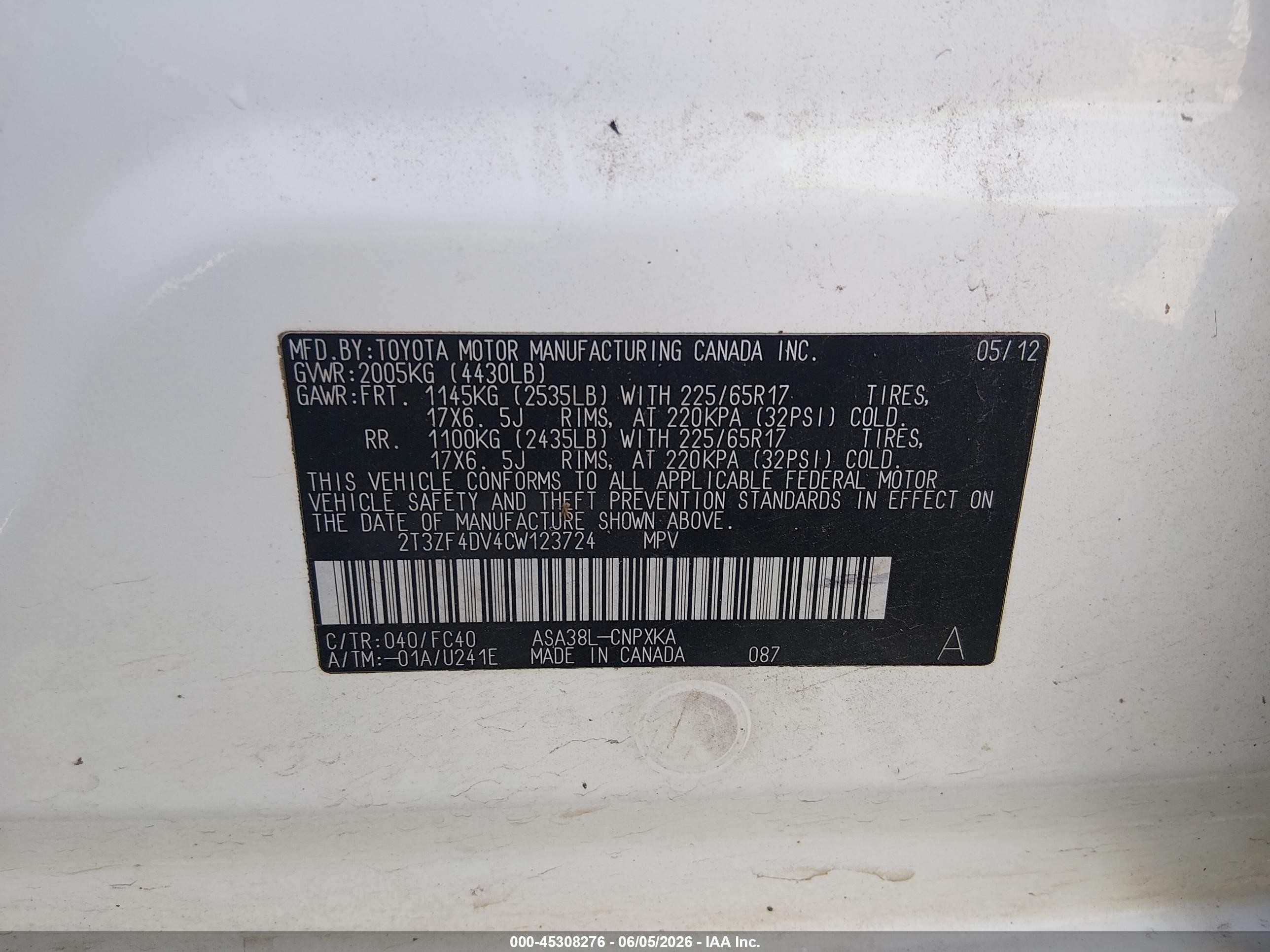 2012 Toyota Rav4   White vin: 2T3ZF4DV4CW123724