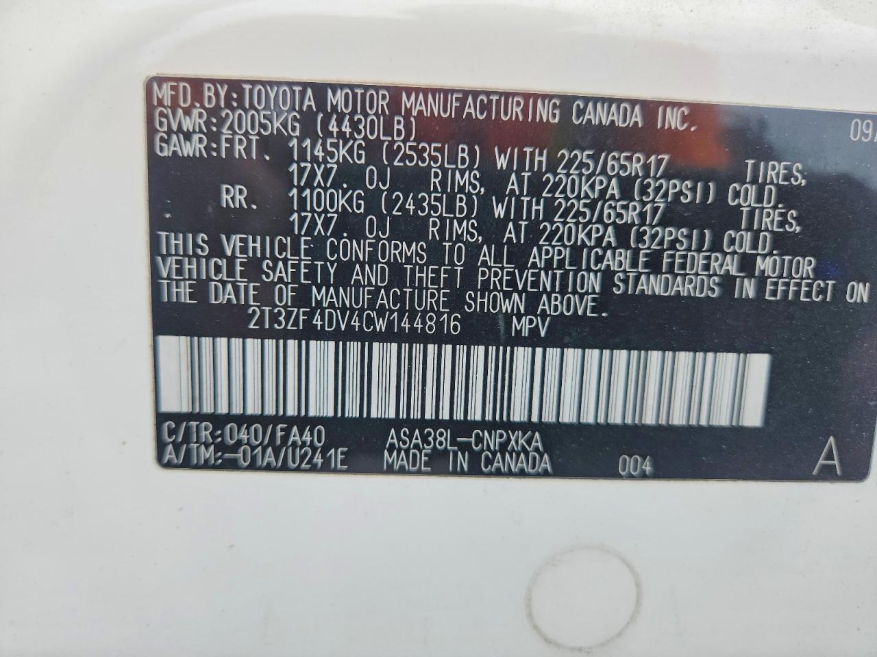 2012 Toyota Rav4 Base White vin: 2T3ZF4DV4CW144816