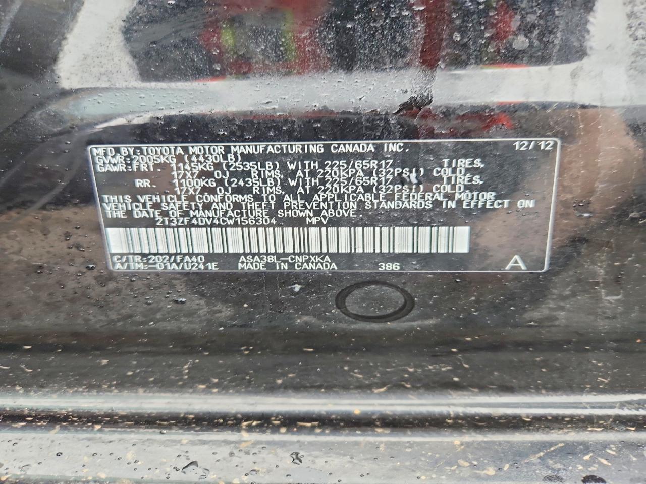2012 Toyota Rav4 Base Black vin: 2T3ZF4DV4CW156304