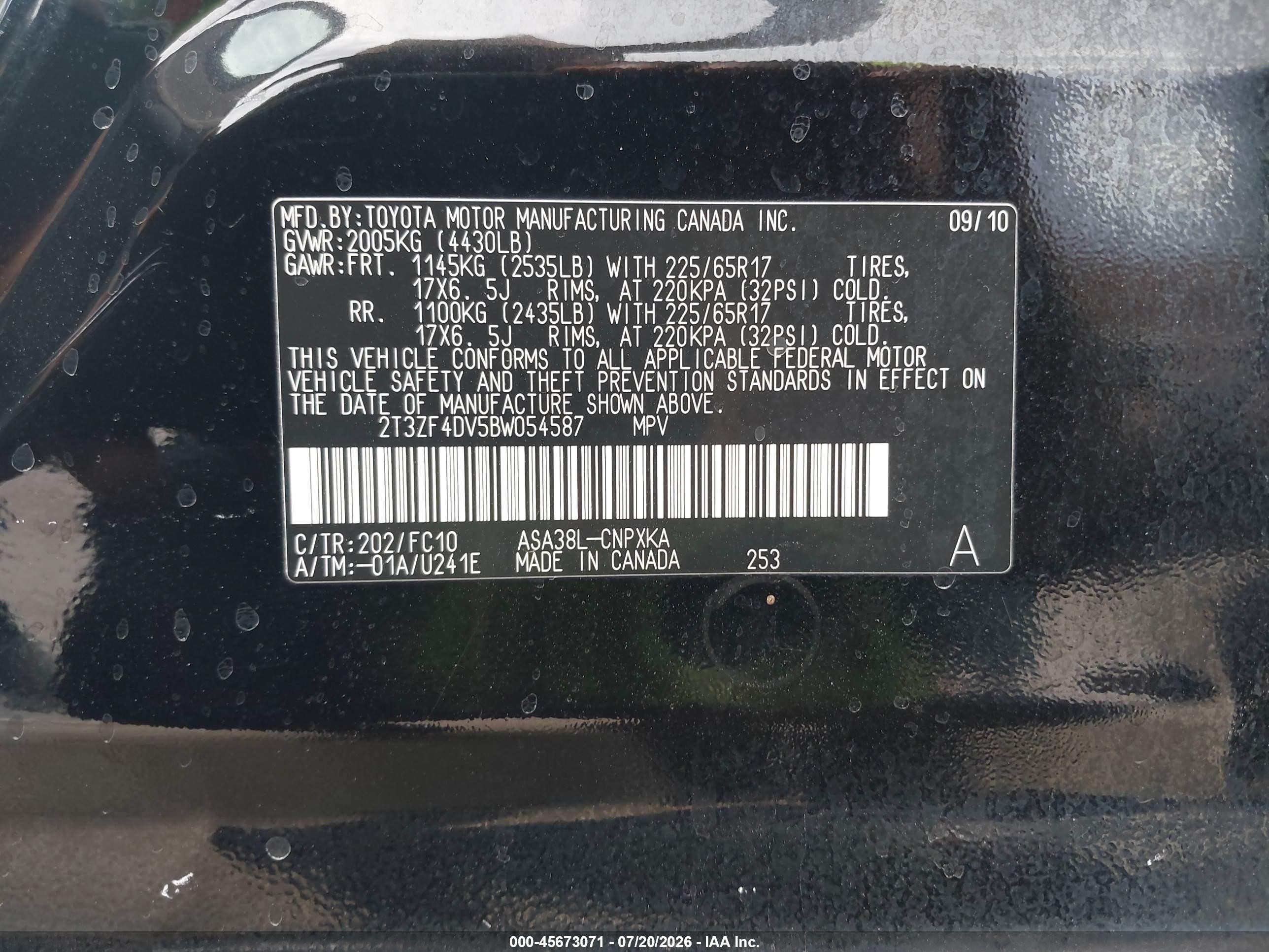 2011 Toyota Rav4   Black vin: 2T3ZF4DV5BW054587
