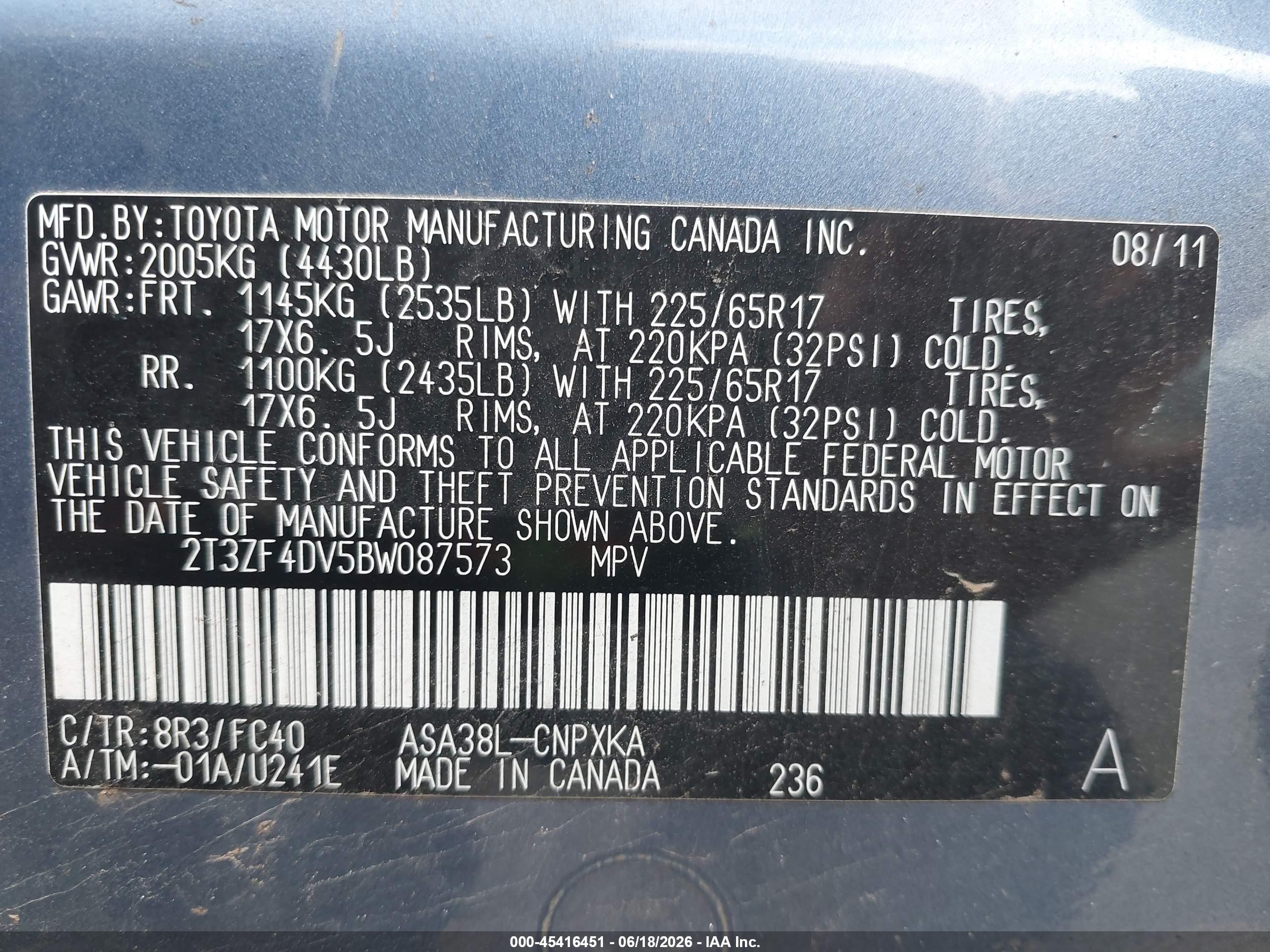 2011 Toyota Rav4   Синий vin: 2T3ZF4DV5BW087573