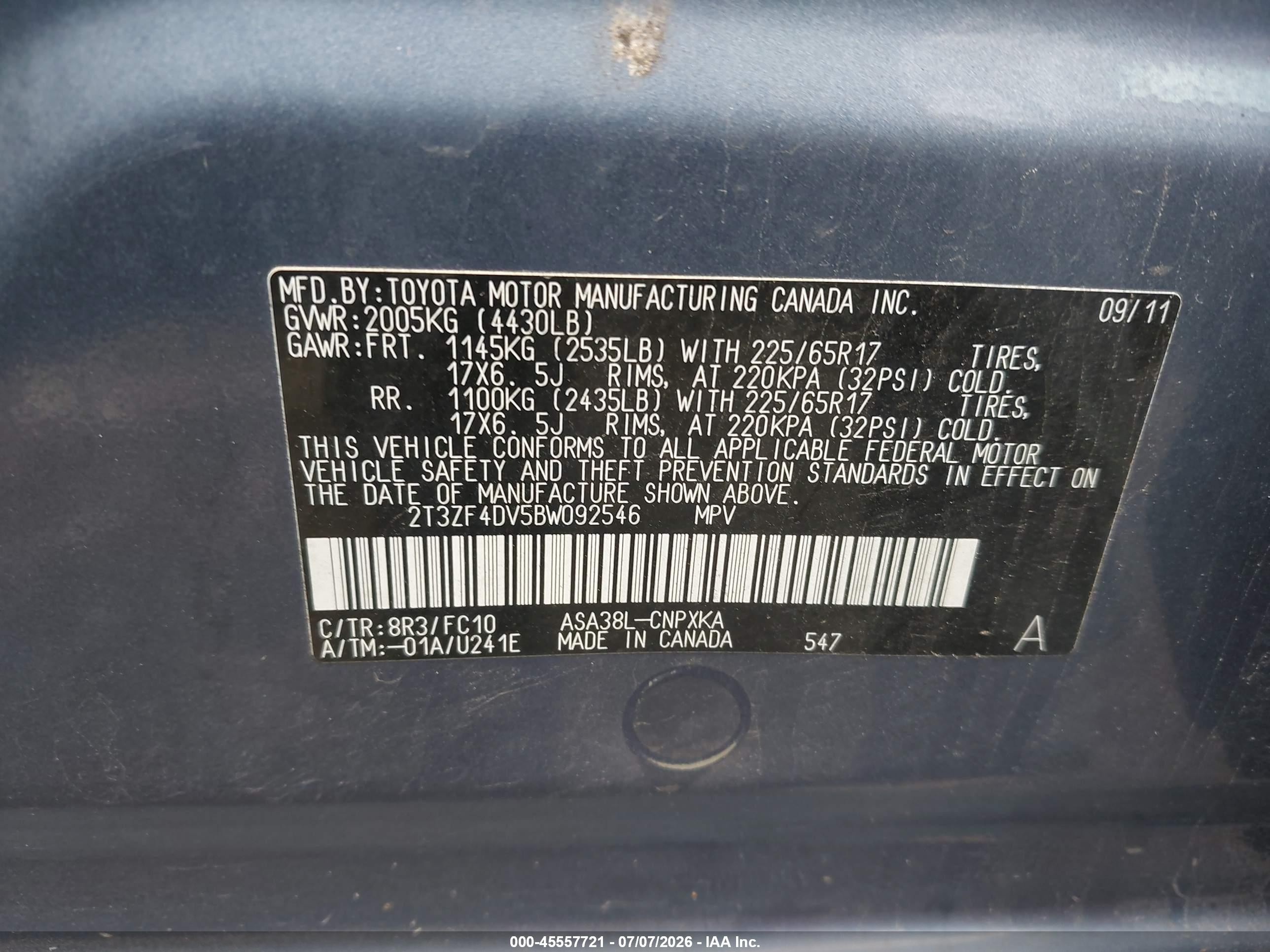 2011 Toyota Rav4   Blue vin: 2T3ZF4DV5BW092546