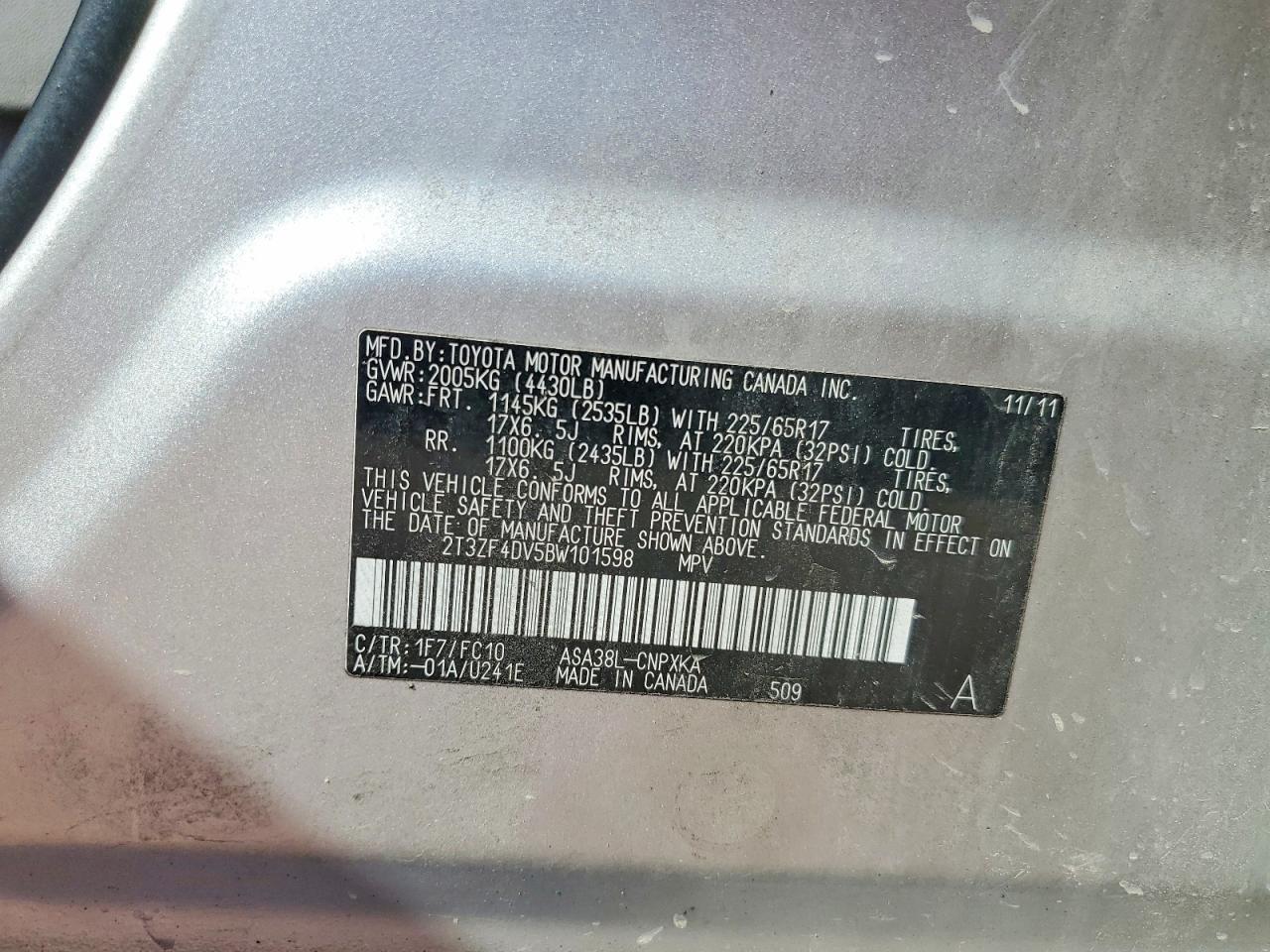 2011 Toyota Rav4 Base Silver vin: 2T3ZF4DV5BW101598