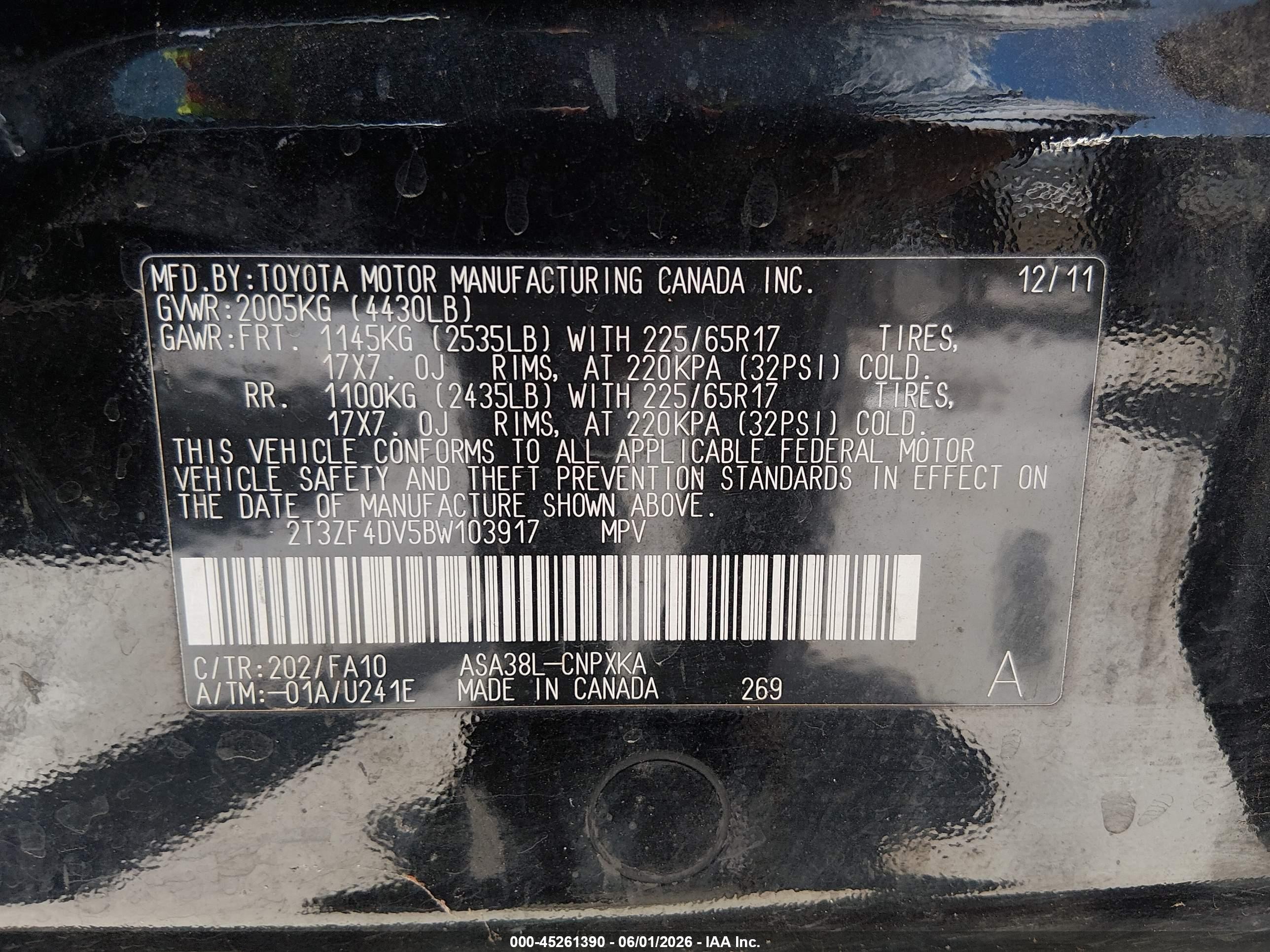 2011 Toyota Rav4   Black vin: 2T3ZF4DV5BW103917