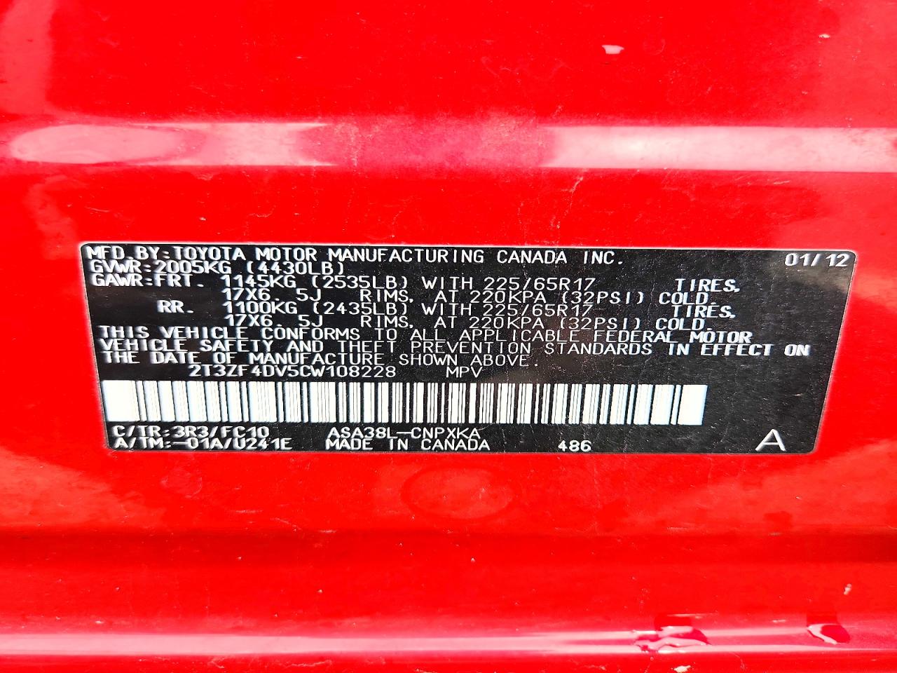 2012 Toyota Rav4 Base Red vin: 2T3ZF4DV5CW108228