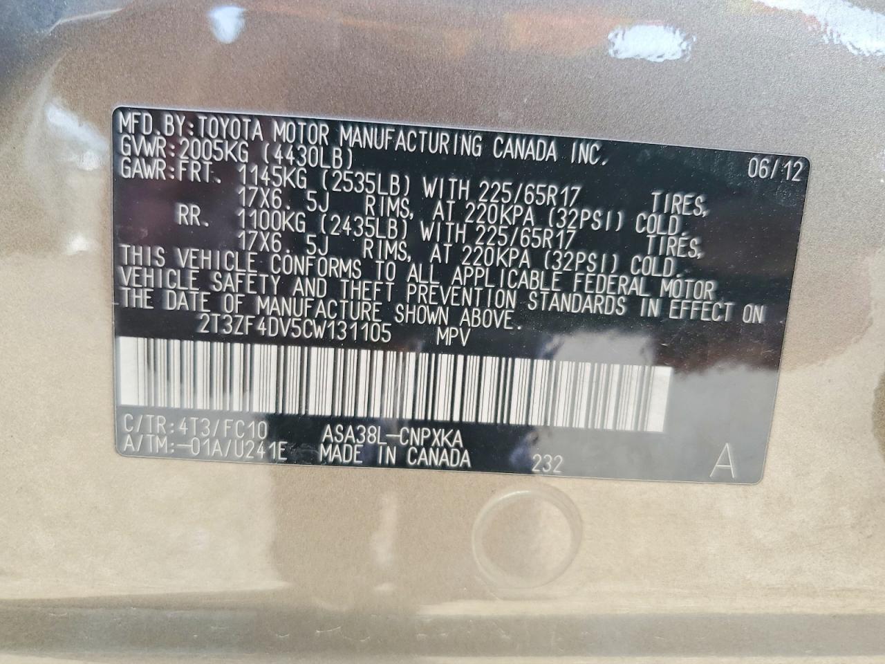 2012 Toyota Rav4 Base Brown vin: 2T3ZF4DV5CW131105