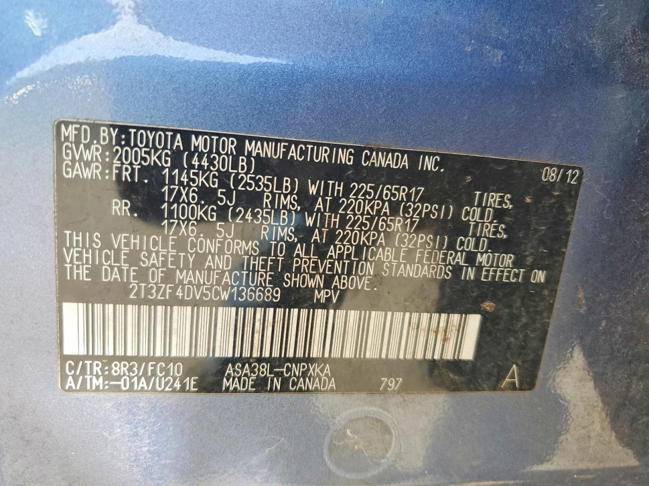 2012 Toyota Rav4 Base Blue vin: 2T3ZF4DV5CW136689