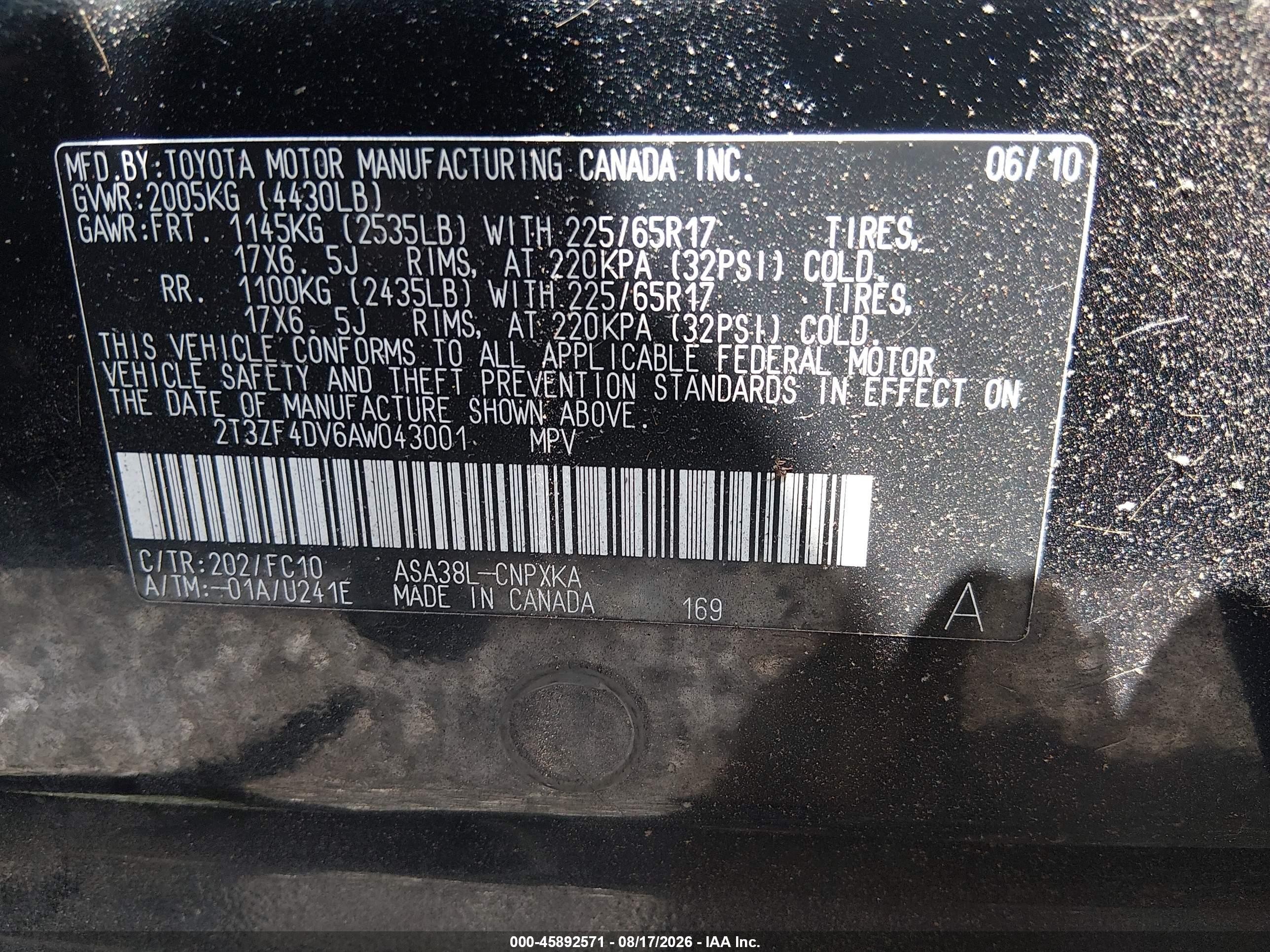 2010 Toyota Rav4   Black vin: 2T3ZF4DV6AW043001