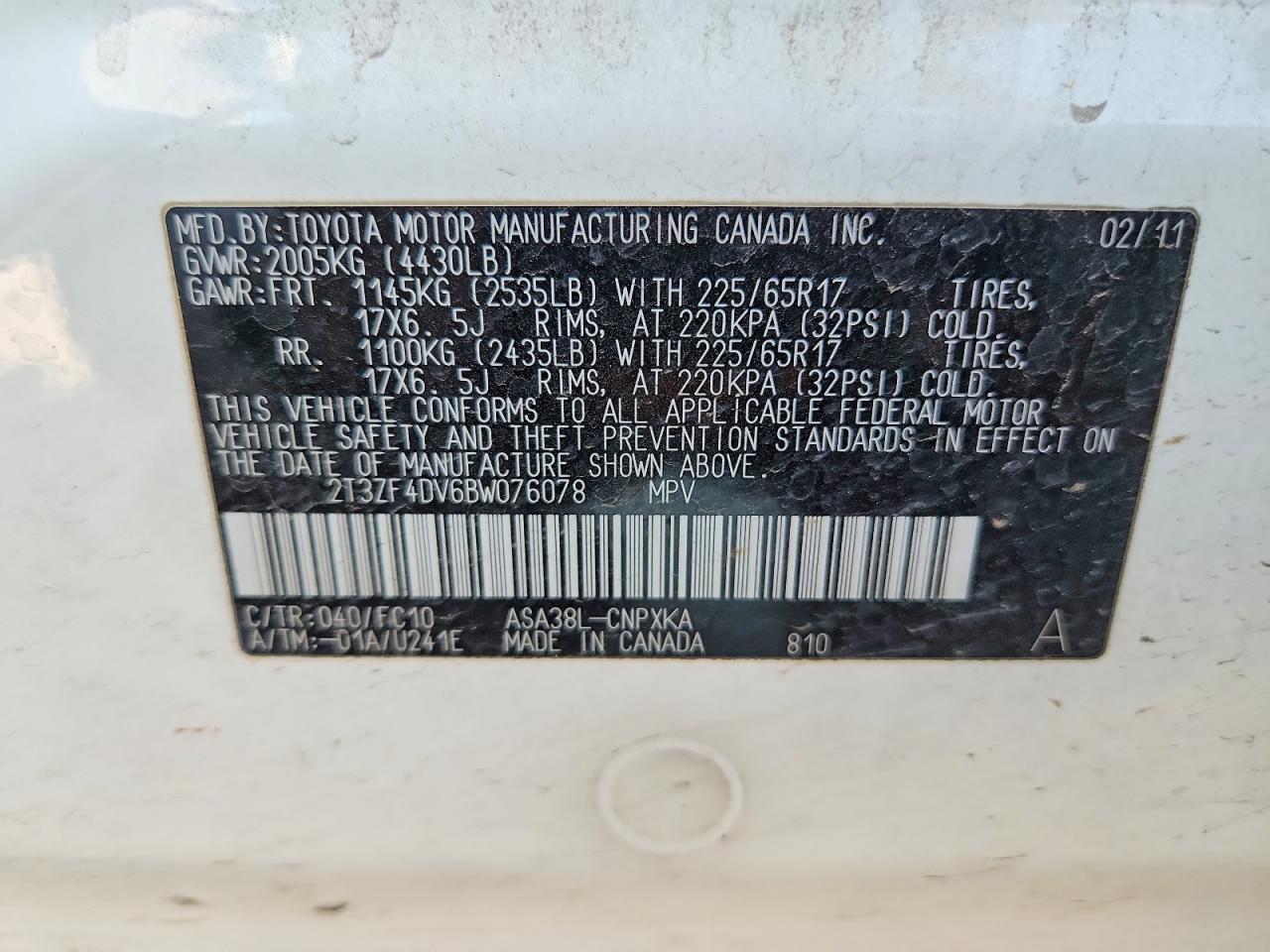2011 Toyota Rav4 Base White vin: 2T3ZF4DV6BW076078