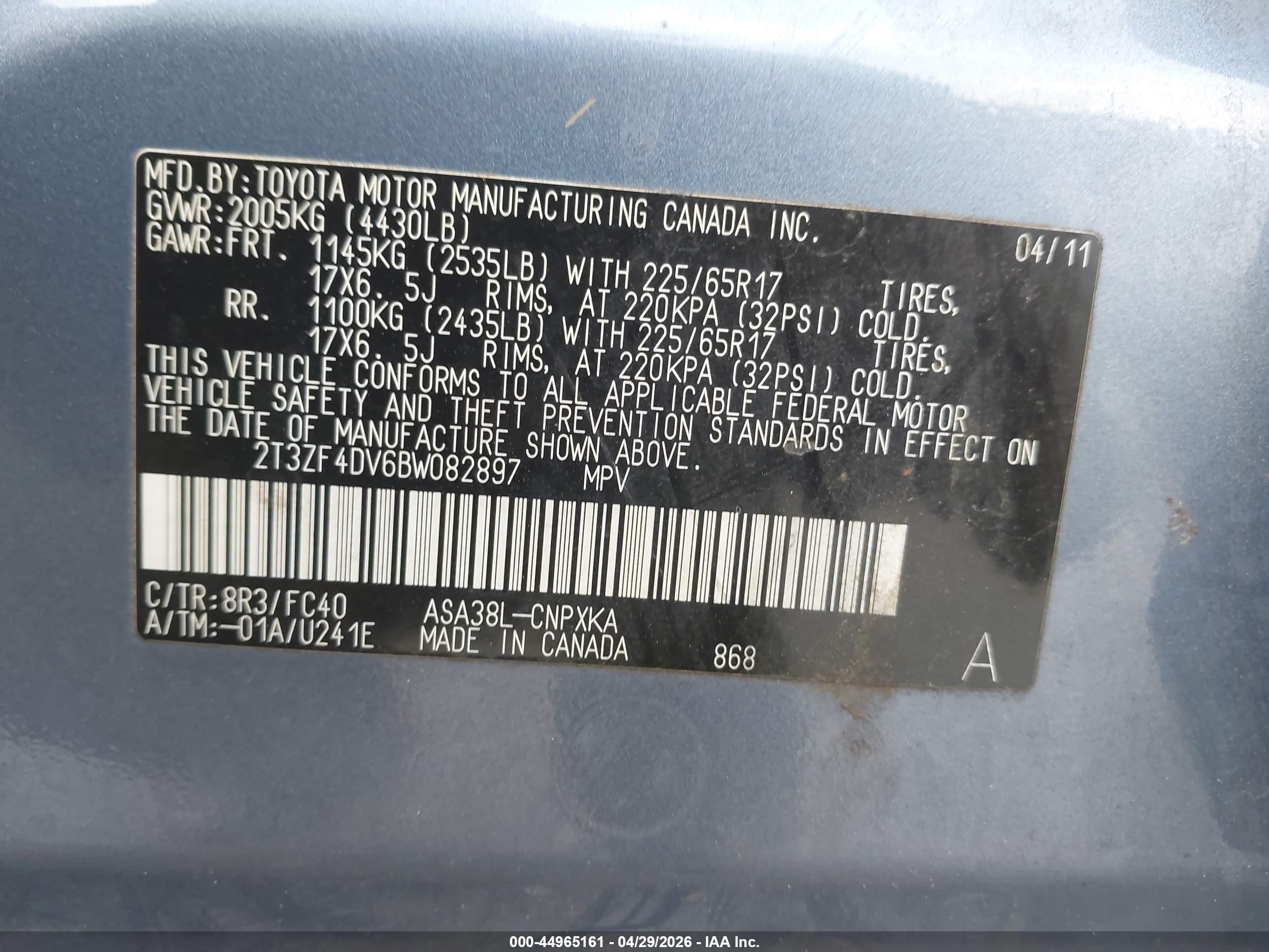 2011 Toyota Rav4   Light Blue vin: 2T3ZF4DV6BW082897