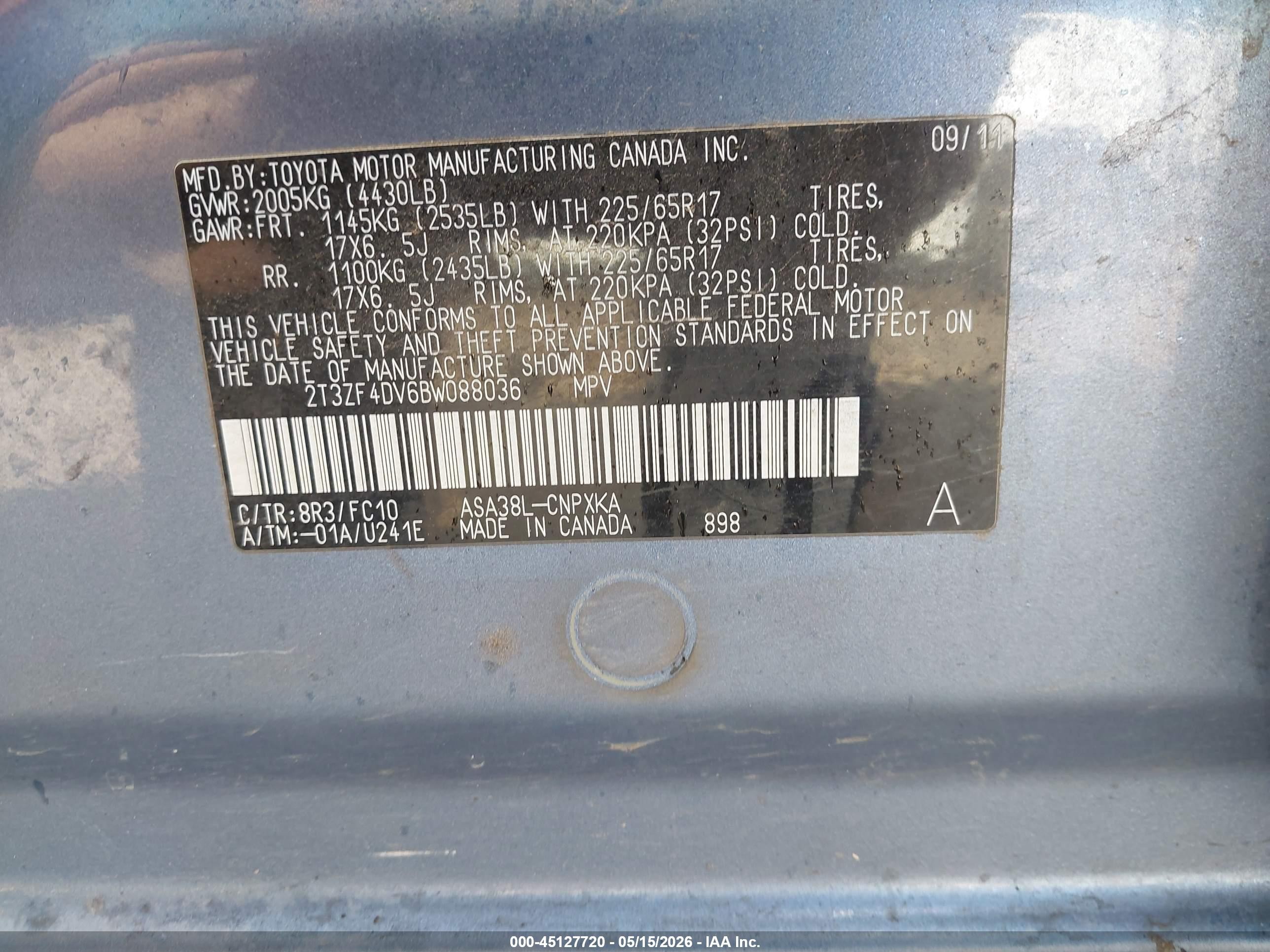 2011 Toyota Rav4 Blue vin: 2T3ZF4DV6BW088036