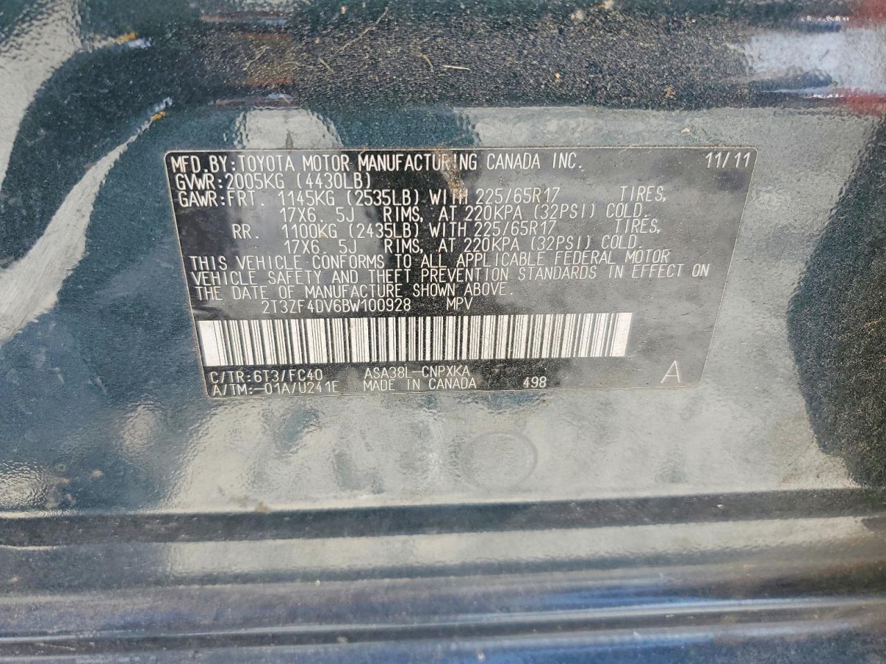 2011 Toyota Rav4 Base Blue vin: 2T3ZF4DV6BW100928