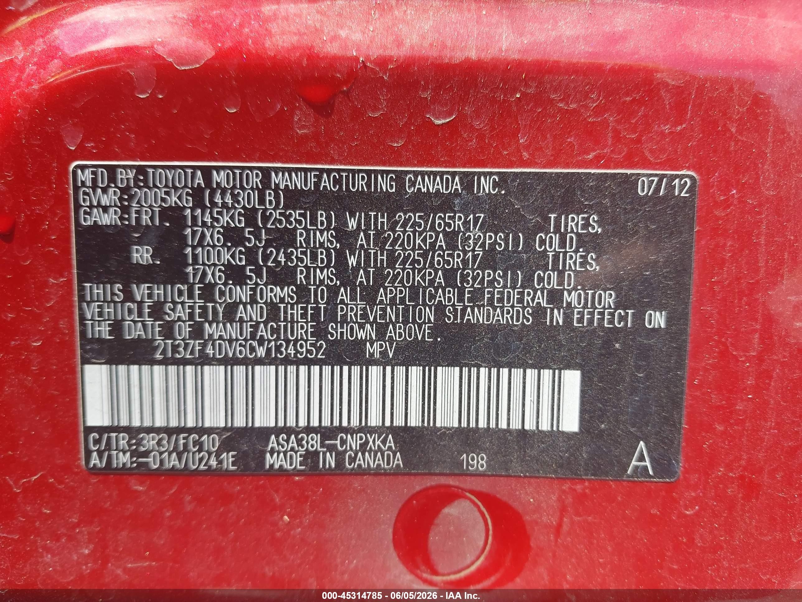2012 Toyota Rav4   Red vin: 2T3ZF4DV6CW134952