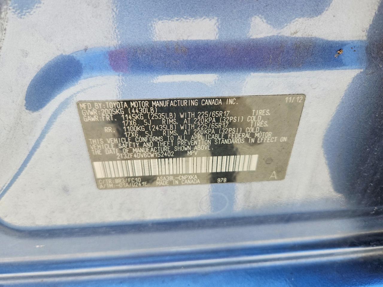 2012 Toyota Rav4 Base Синий vin: 2T3ZF4DV6CW152402