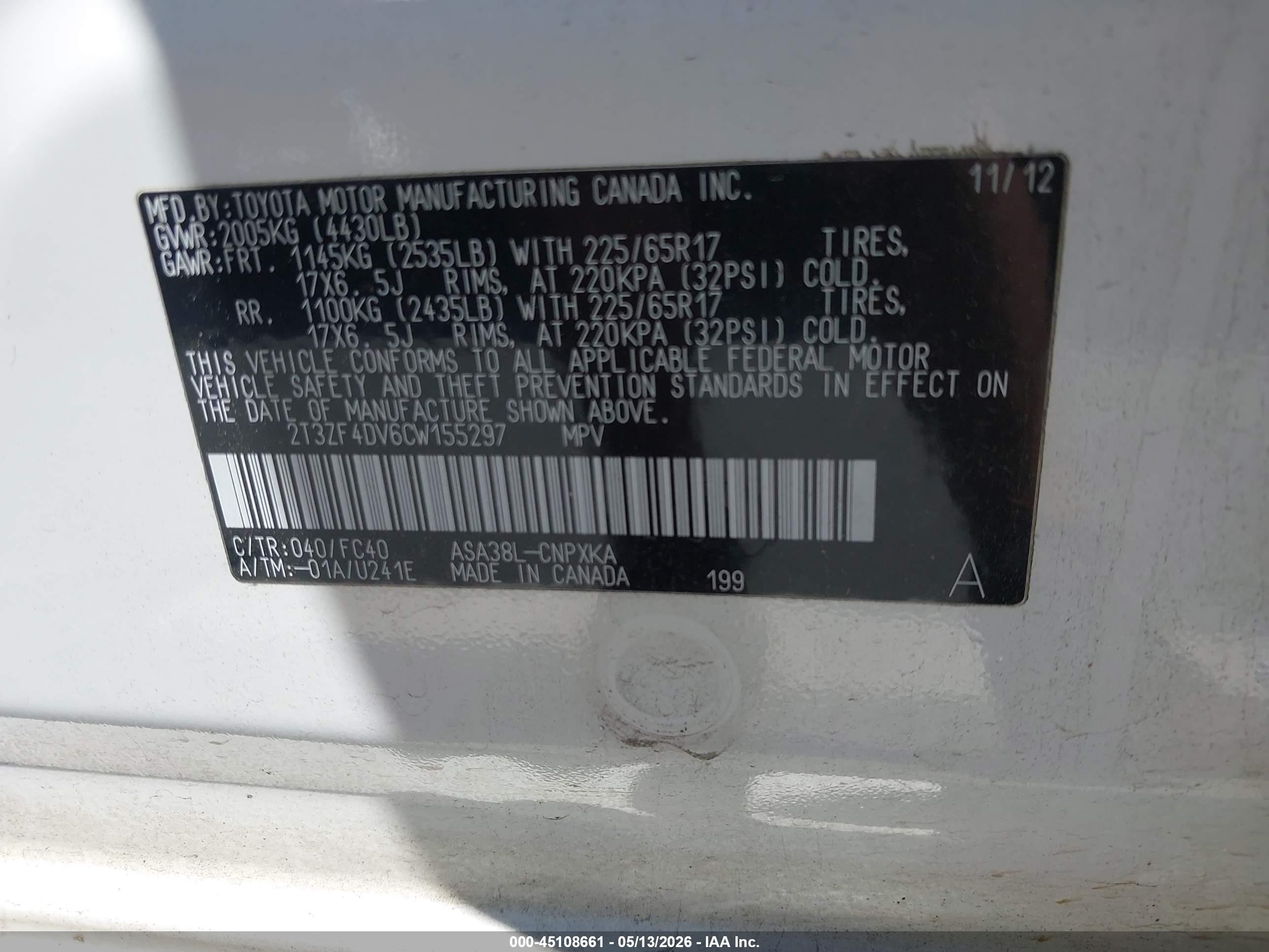 2012 Toyota Rav4   White vin: 2T3ZF4DV6CW155297