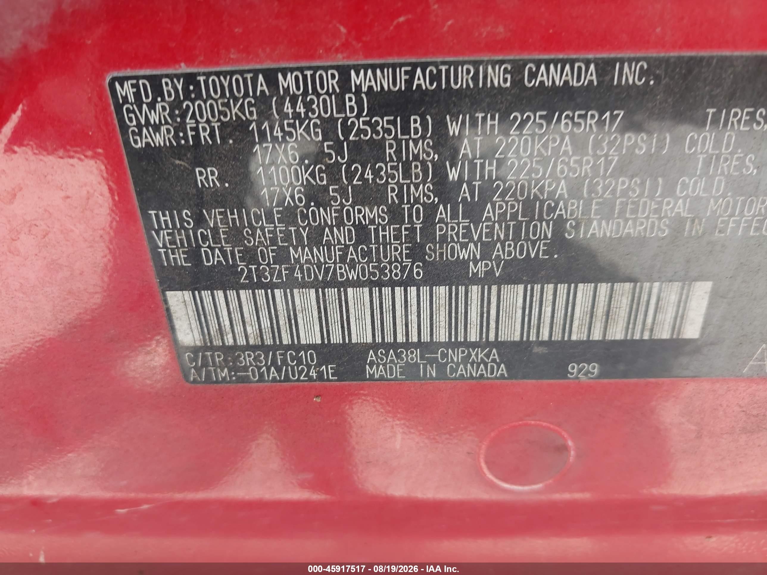 2011 Toyota Rav4   Red vin: 2T3ZF4DV7BW053876