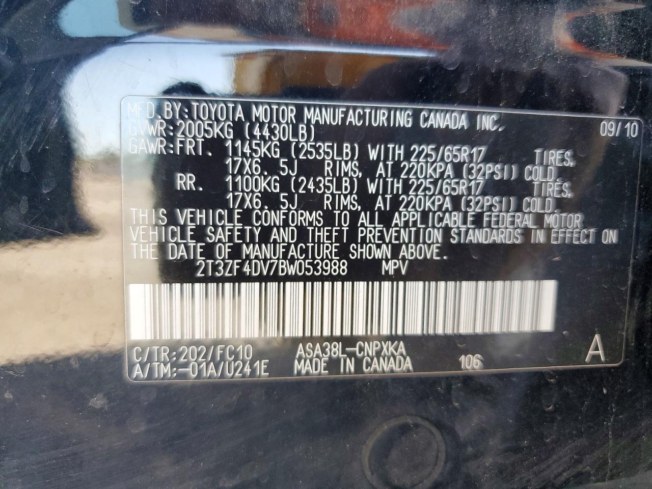 2011 Toyota Rav4 Base Black vin: 2T3ZF4DV7BW053988