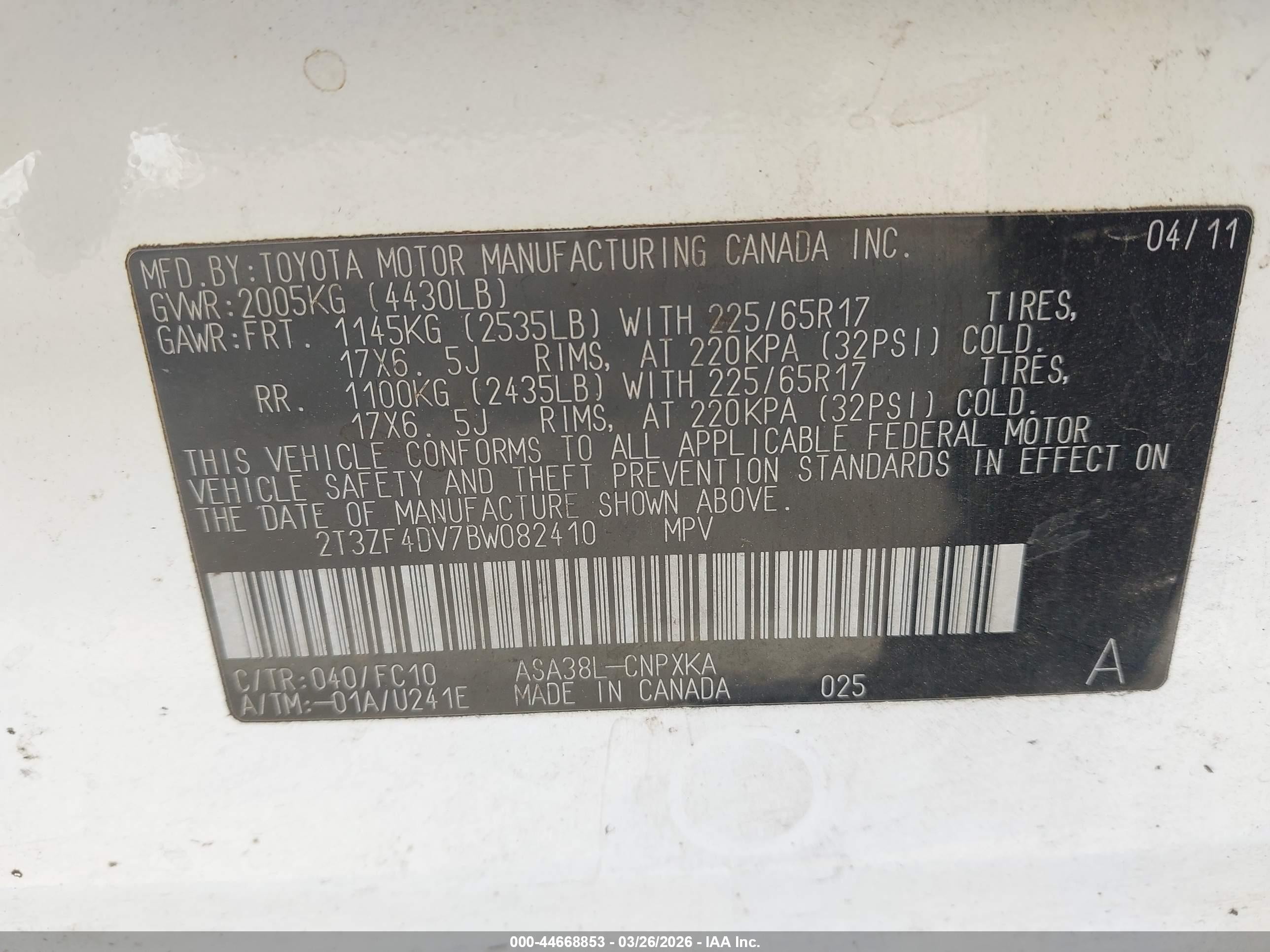 2011 Toyota Rav4   White vin: 2T3ZF4DV7BW082410