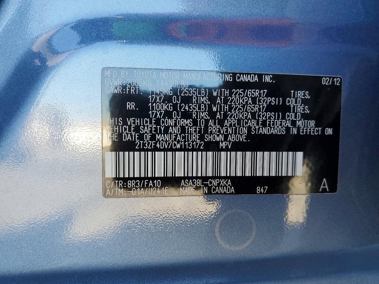 2012 Toyota Rav4 Base Blue vin: 2T3ZF4DV7CW113172