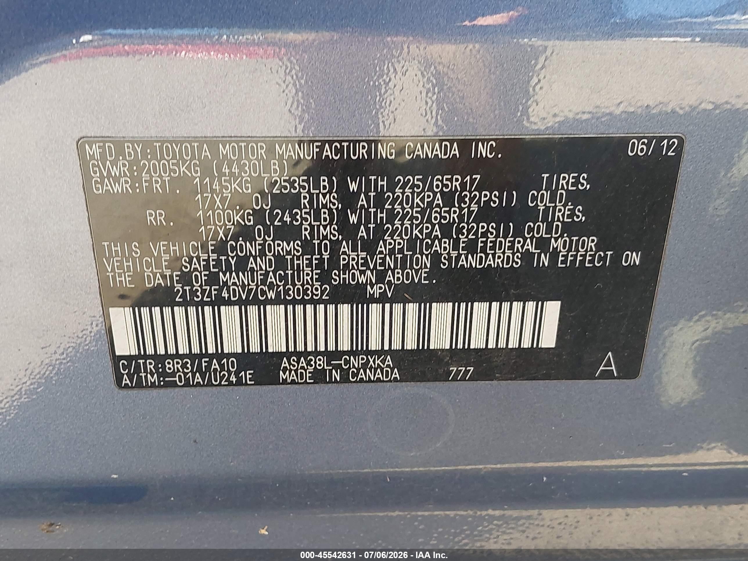 2012 Toyota Rav4   Blue vin: 2T3ZF4DV7CW130392