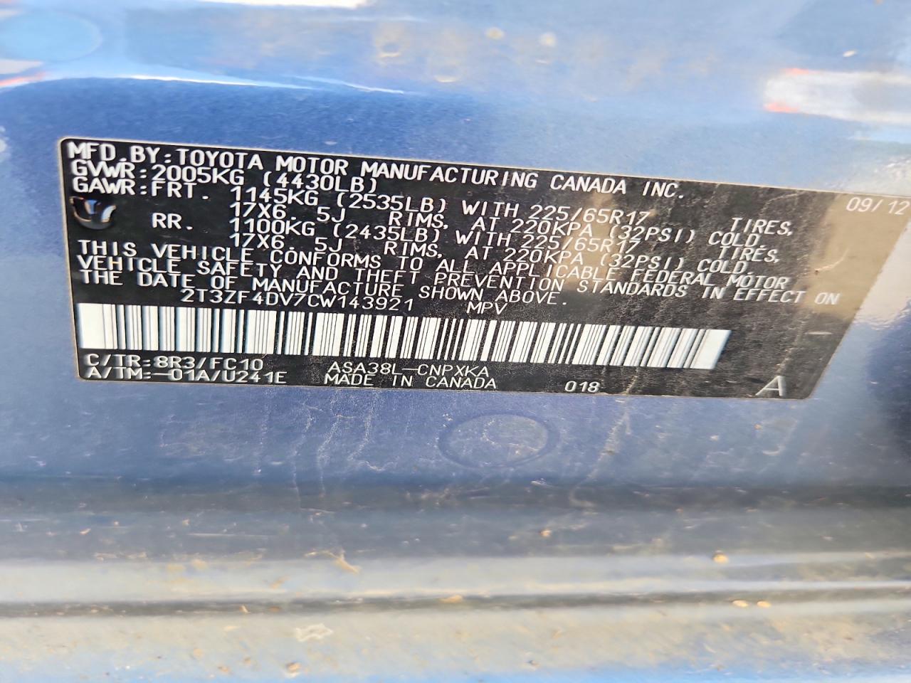 2012 Toyota Rav4 Base Blue vin: 2T3ZF4DV7CW143921