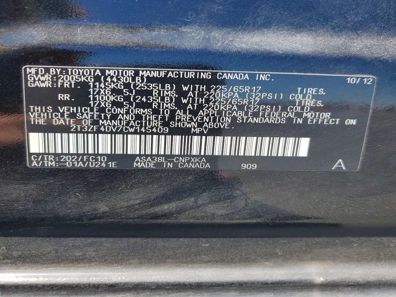 2012 Toyota Rav4 Base Black vin: 2T3ZF4DV7CW145409