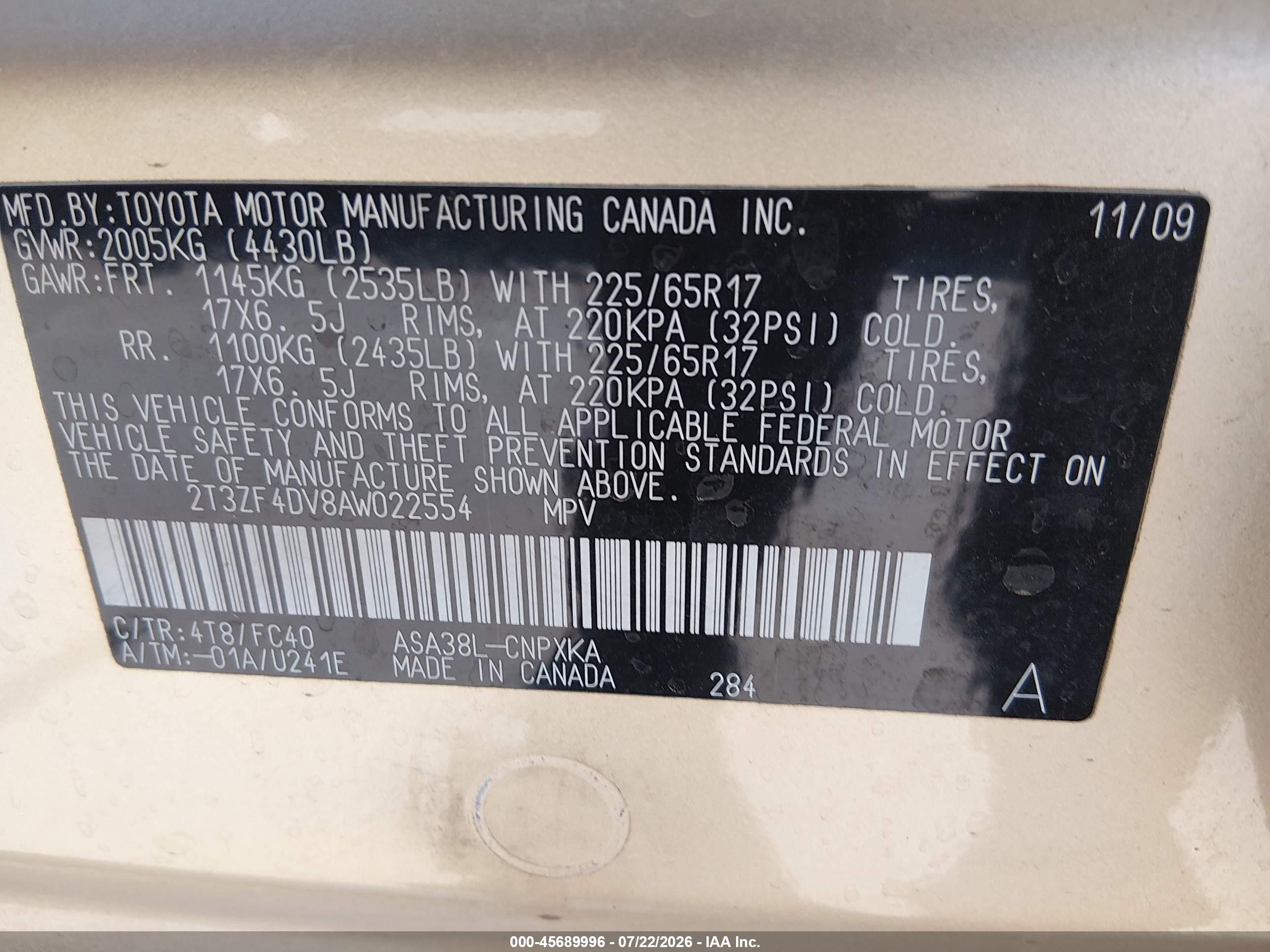 2010 Toyota Rav4   Gold vin: 2T3ZF4DV8AW022554