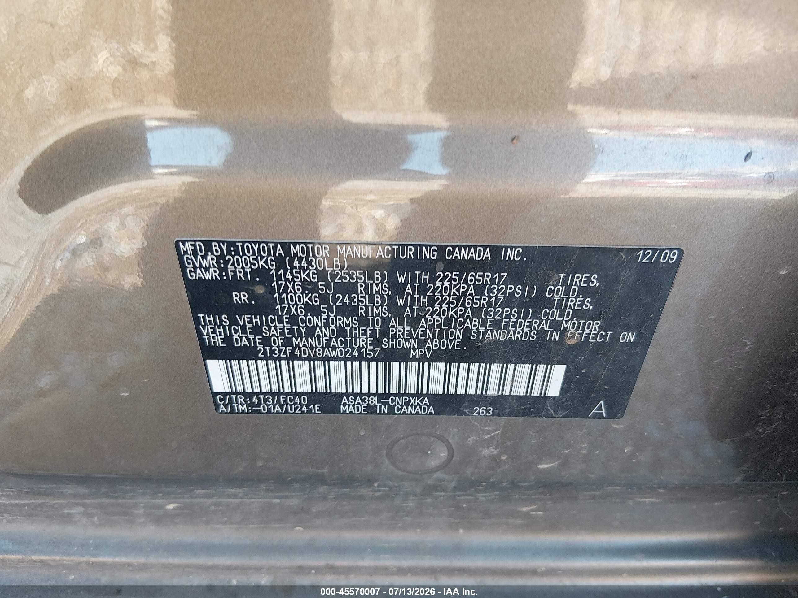 2010 Toyota Rav4   Champagne vin: 2T3ZF4DV8AW024157
