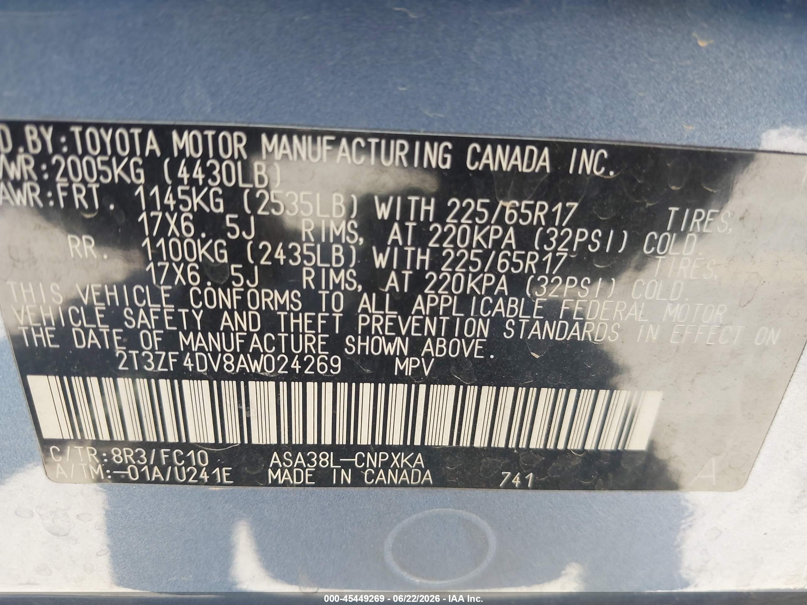 2010 Toyota Rav4   Light Blue vin: 2T3ZF4DV8AW024269