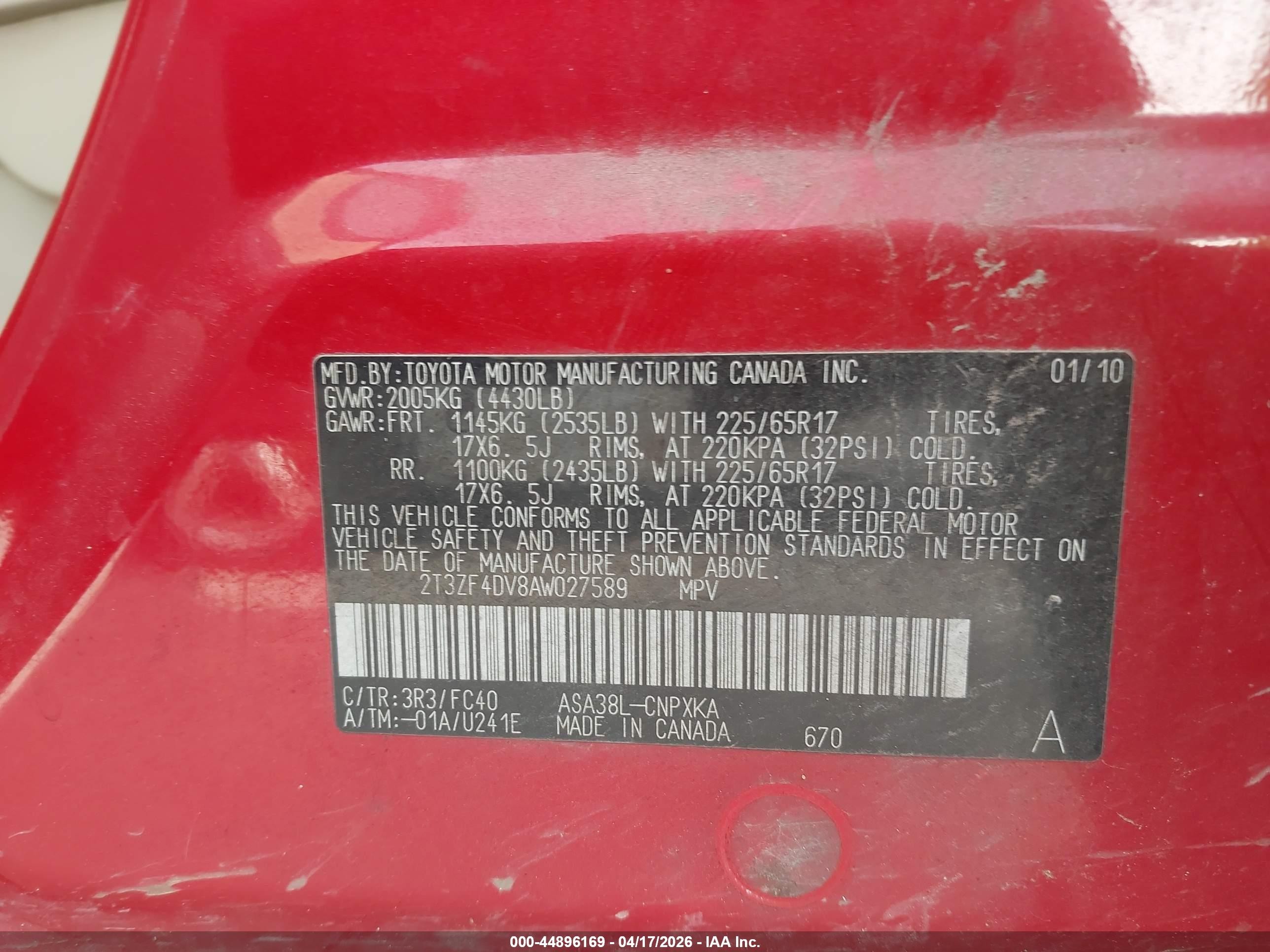 2010 Toyota Rav4   Red vin: 2T3ZF4DV8AW027589