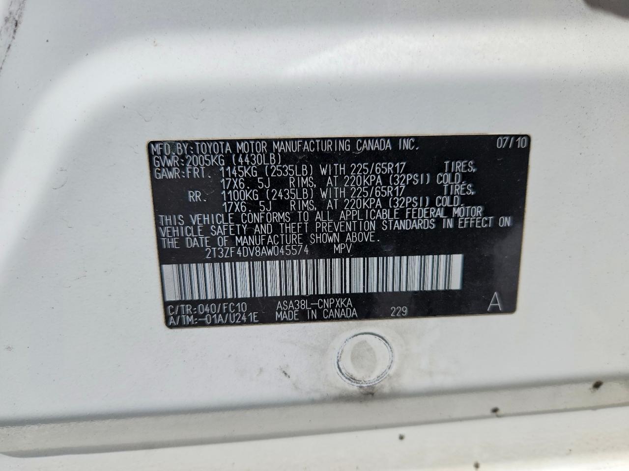2010 Toyota Rav4 Base White vin: 2T3ZF4DV8AW045574
