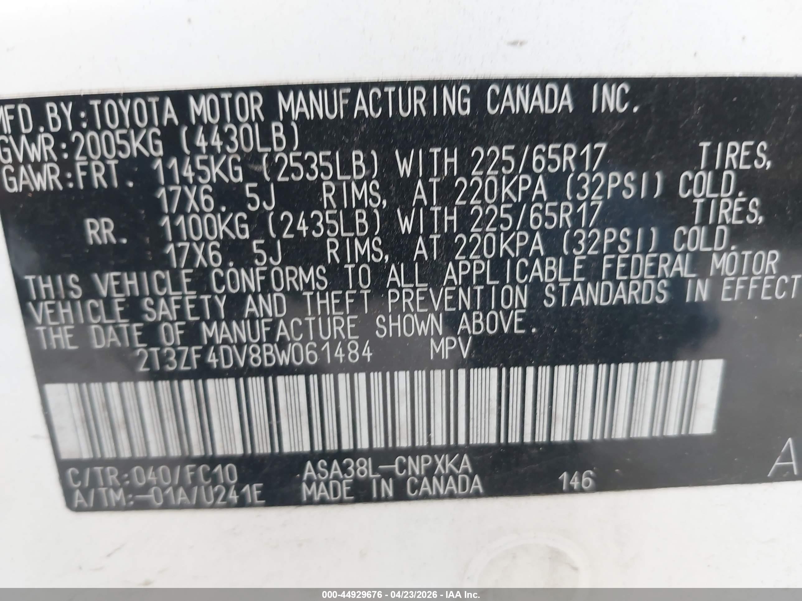 2011 Toyota Rav4   White vin: 2T3ZF4DV8BW061484