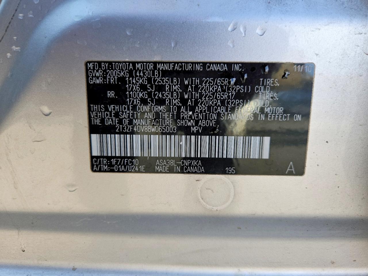 2011 Toyota Rav4 Base Silver vin: 2T3ZF4DV8BW065003