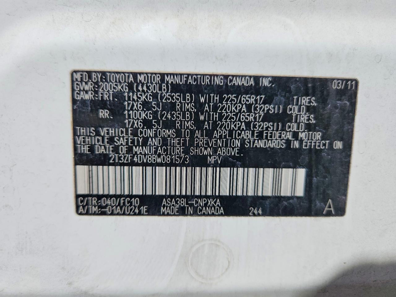 2011 Toyota Rav4 Base White vin: 2T3ZF4DV8BW081573