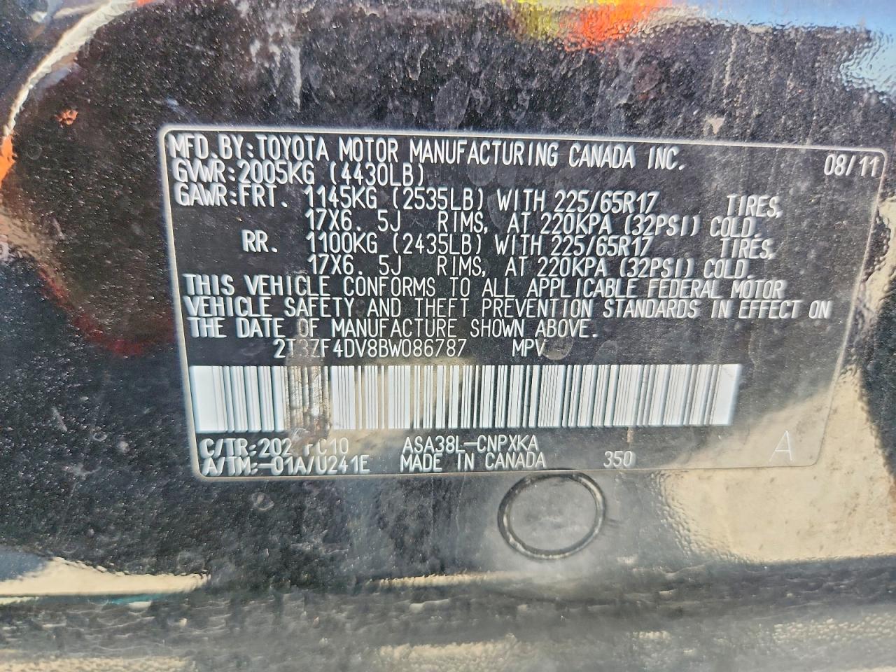 2011 Toyota Rav4 Base Black vin: 2T3ZF4DV8BW086787