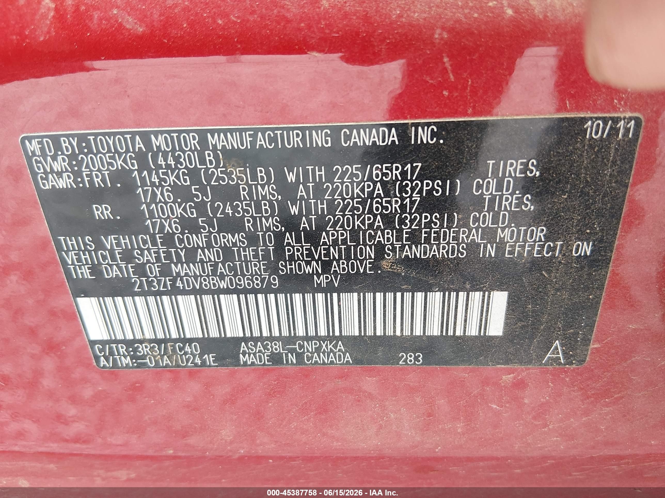 2011 Toyota Rav4   Red vin: 2T3ZF4DV8BW096879
